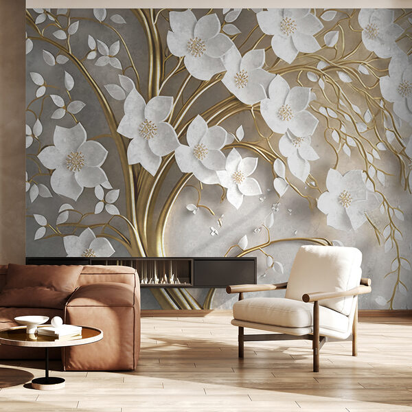 Boom met witte bloemen en bladeren Boom met witte bloemen en bladeren