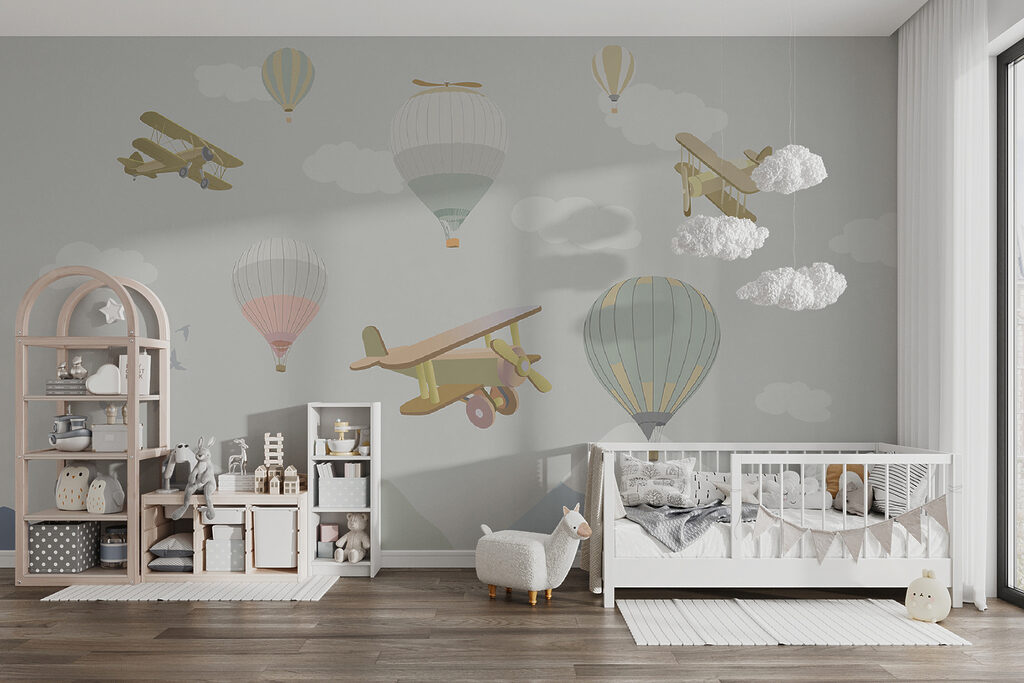 Group of hot air balloons and airplanes