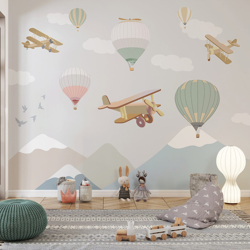 Group of hot air balloons and airplanes