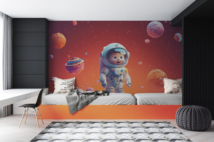 Cartoon van een speelgoed astronaut in de ruimte