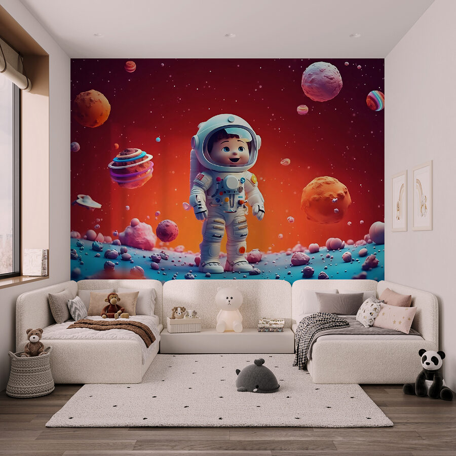 Cartoon van een speelgoed astronaut in de ruimte