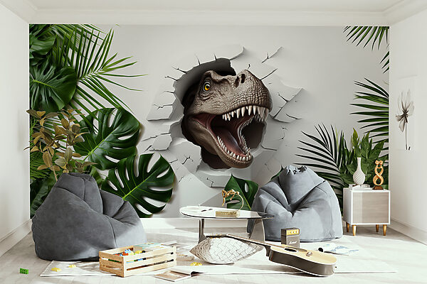 Dinosauruskop komt uit een gat in een muur Dinosauruskop komt uit een gat in een muur
