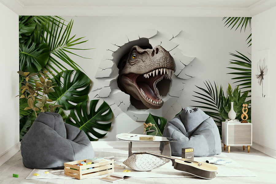 Dinosauruskop komt uit een gat in een muur Dinosauruskop komt uit een gat in een muur