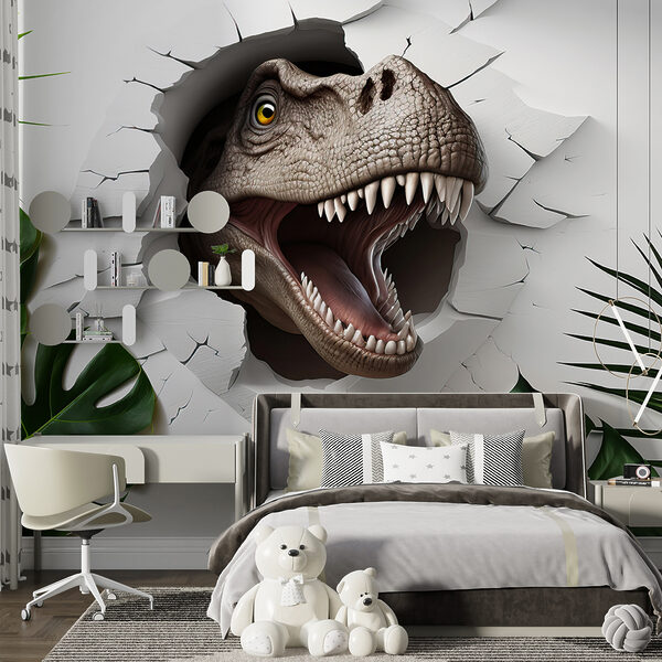 Dinosauruskop komt uit een gat in een muur Dinosauruskop komt uit een gat in een muur