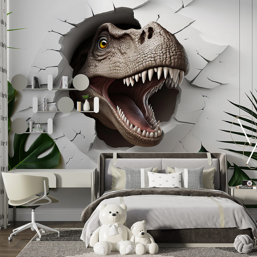 Dinosauruskop komt uit een gat in een muur Dinosauruskop komt uit een gat in een muur