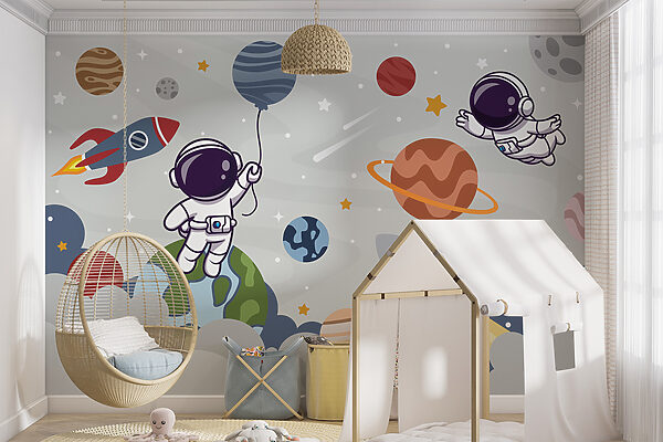 Cartoon astronaut in de ruimte met planeten en raket vliegen in de lucht Cartoon astronaut in de ruimte met planeten en raket vliegen in de lucht