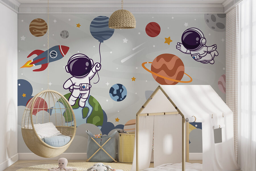 Fotobehang Cartoon astronaut in de ruimte met planeten en raket vliegen in de lucht - Afbeelding 5