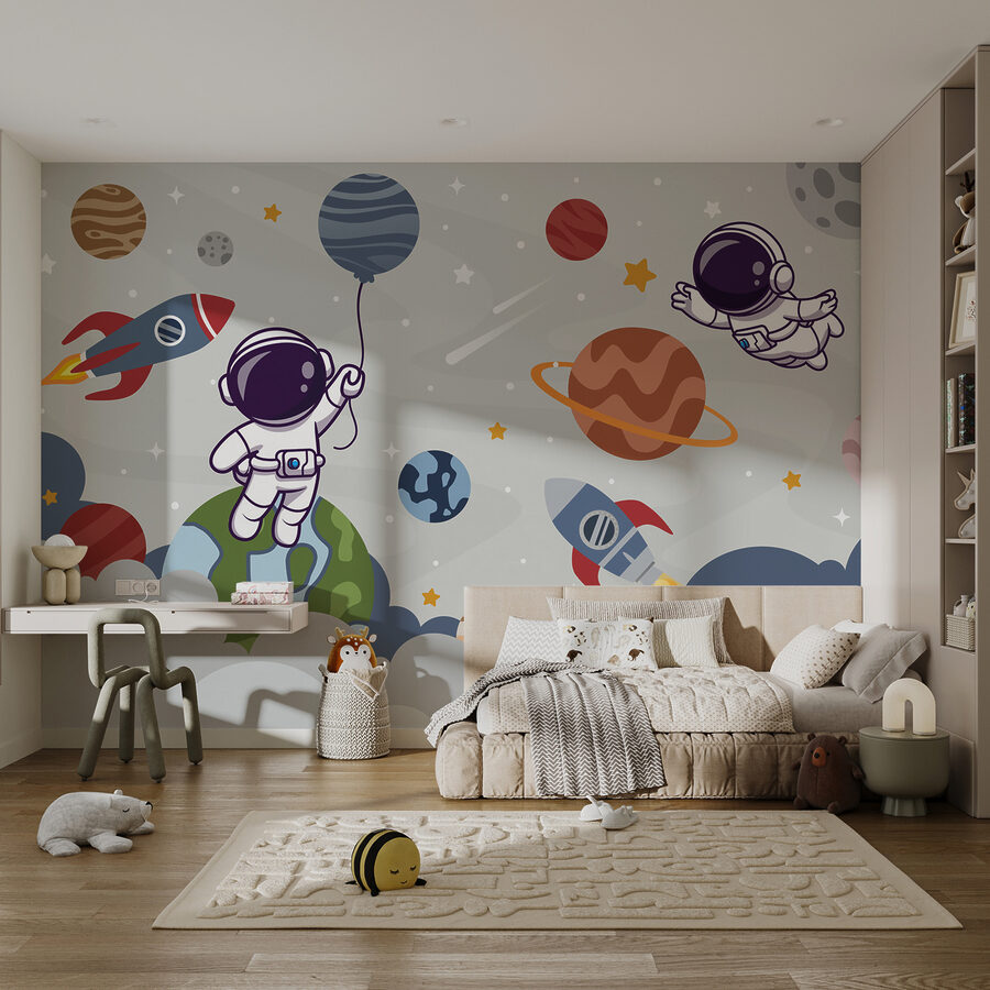 Fotobehang Cartoon astronaut in de ruimte met planeten en raket vliegen in de lucht - Afbeelding 6