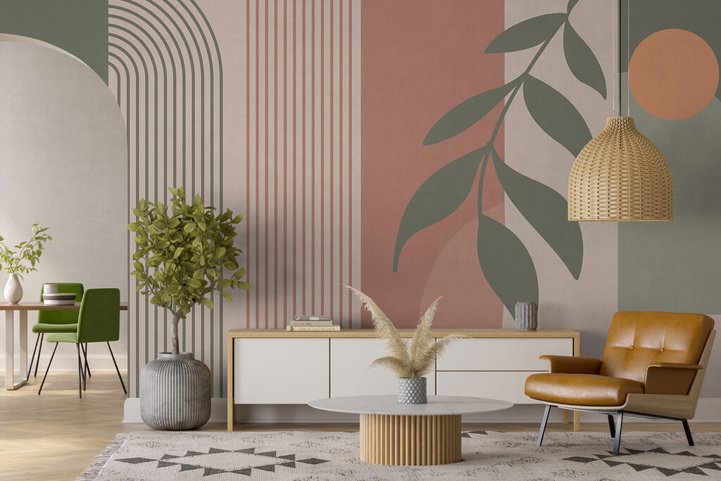 Green and pink lines and a leaf