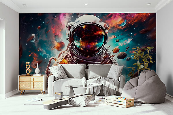 Een astronaut in de ruimte met een grote helm Een astronaut in de ruimte met een grote helm