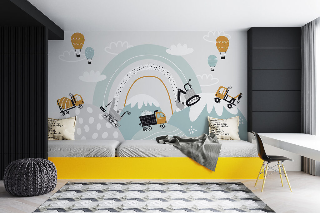 Cartoon of vehicles and a rainbow Cartoon of vehicles and a rainbow