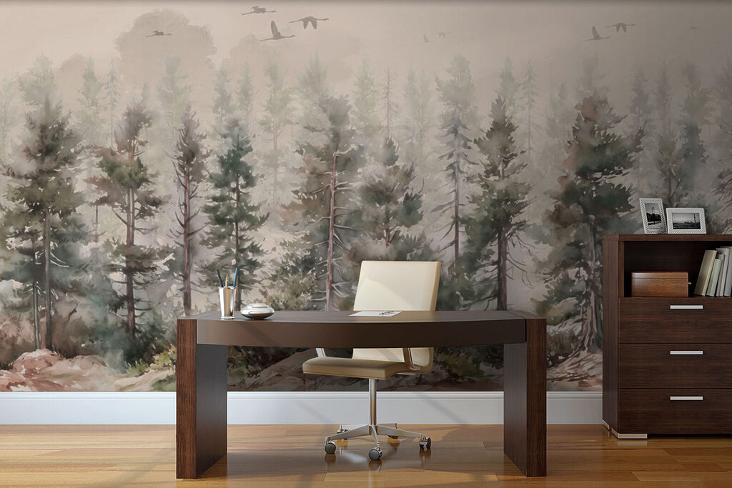 Watercolor of trees and birds flying over a foggy forest Watercolor of trees and birds flying over a foggy forest