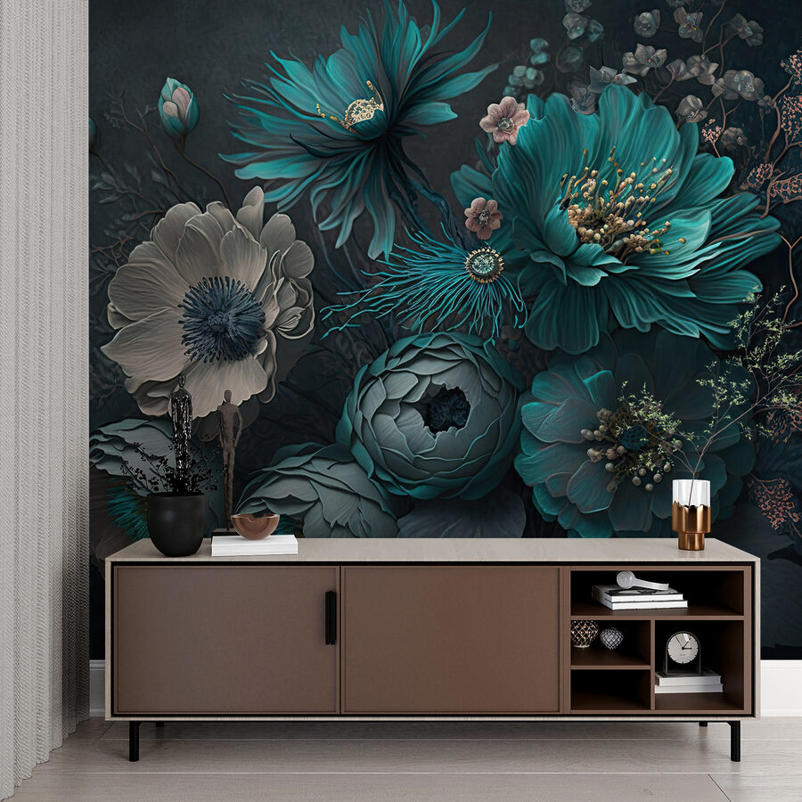 Elegant bloemstuk in koele tinten.