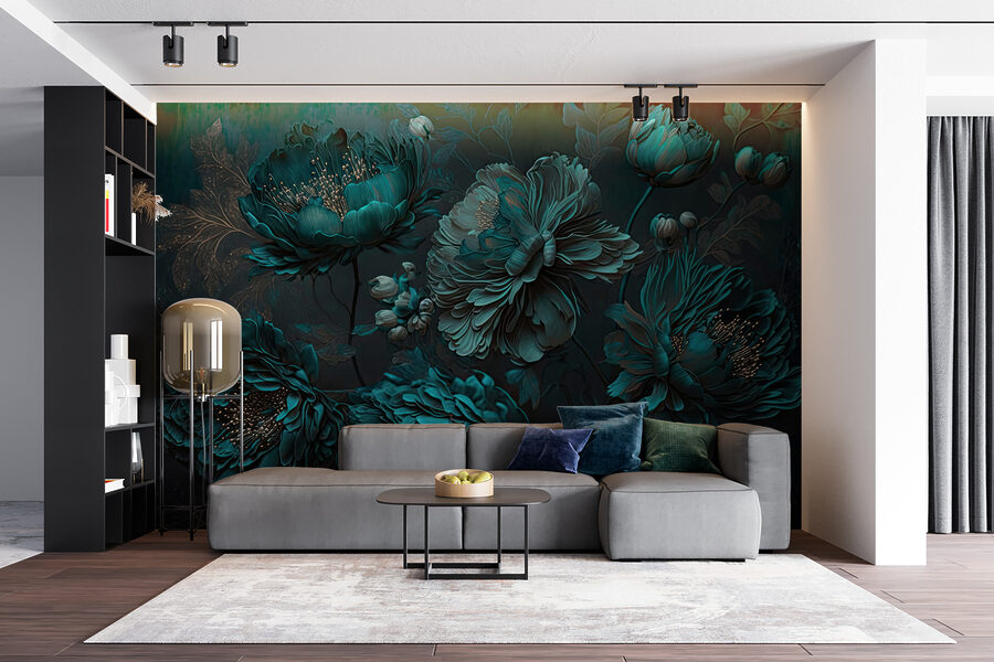 Elegant groenblauw bloemstuk op canvas.