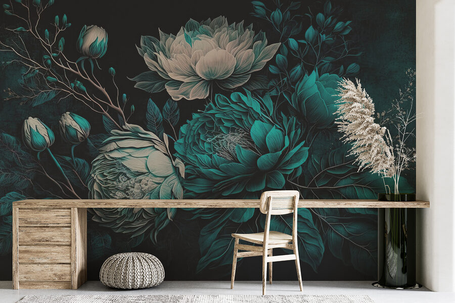 Smaragdgroene bloemen op een donkere achtergrond