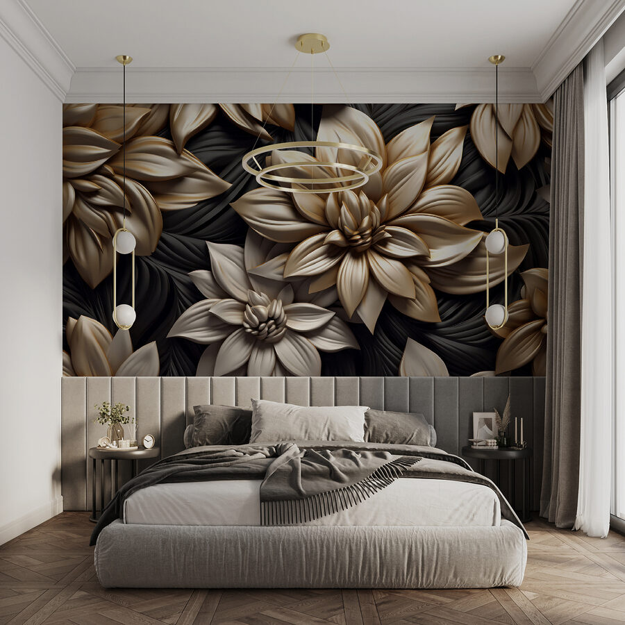 Elegant bloemmotief op donkere achtergrond.
