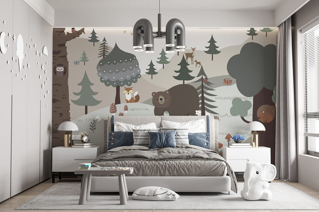 Cartoon of a bear and rabbit in a forest