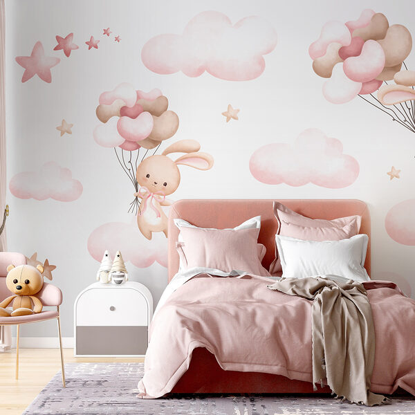 Groep roze wolken en een konijn met ballonnen Groep roze wolken en een konijn met ballonnen