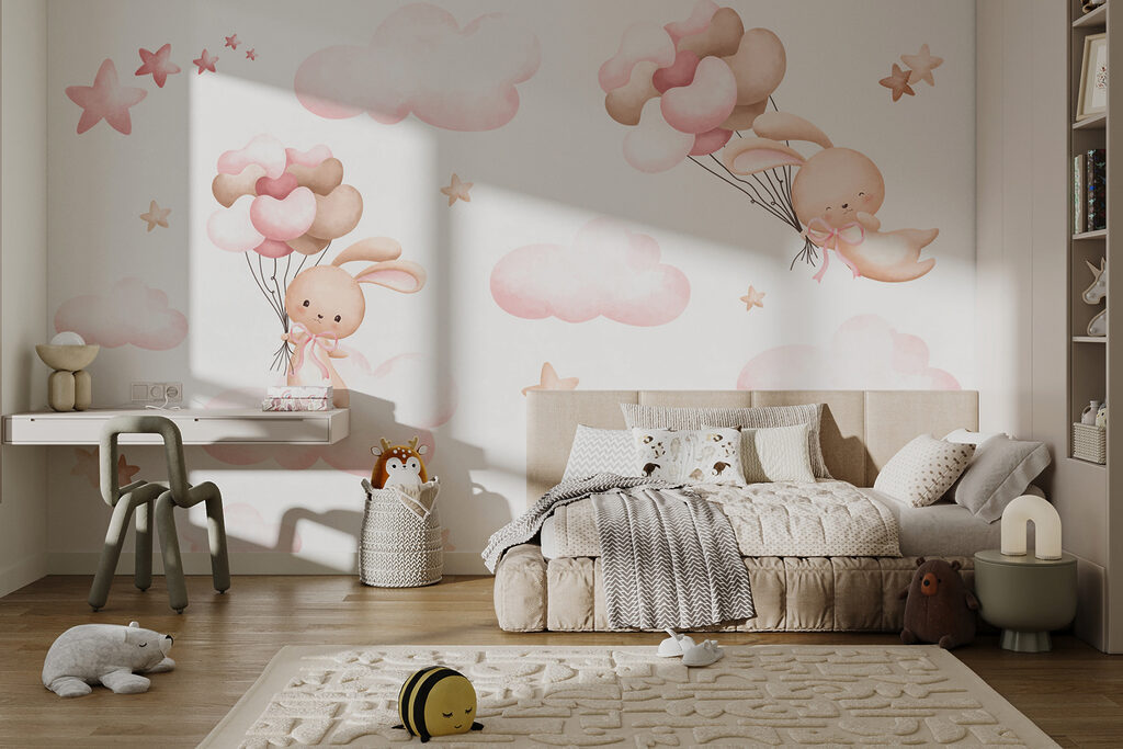 Group of pink clouds and a bunny holding balloons Group of pink clouds and a bunny holding balloons