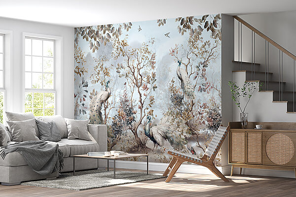 Schilderij van pauwen in een bos Schilderij van pauwen in een bos
