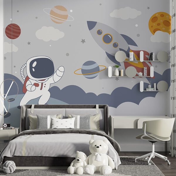 Tekening van een astronaut die op een planeet loopt met een raket in de lucht Tekening van een astronaut die op een planeet loopt met een raket in de lucht
