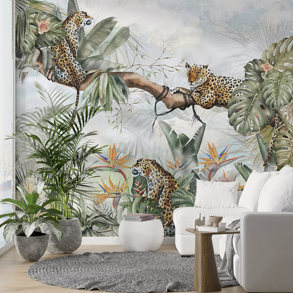 Schilderij van een groep cheeta's op een boomtak Schilderij van een groep cheeta's op een boomtak