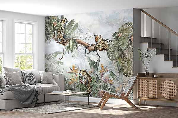 Schilderij van een groep cheeta's op een boomtak Schilderij van een groep cheeta's op een boomtak