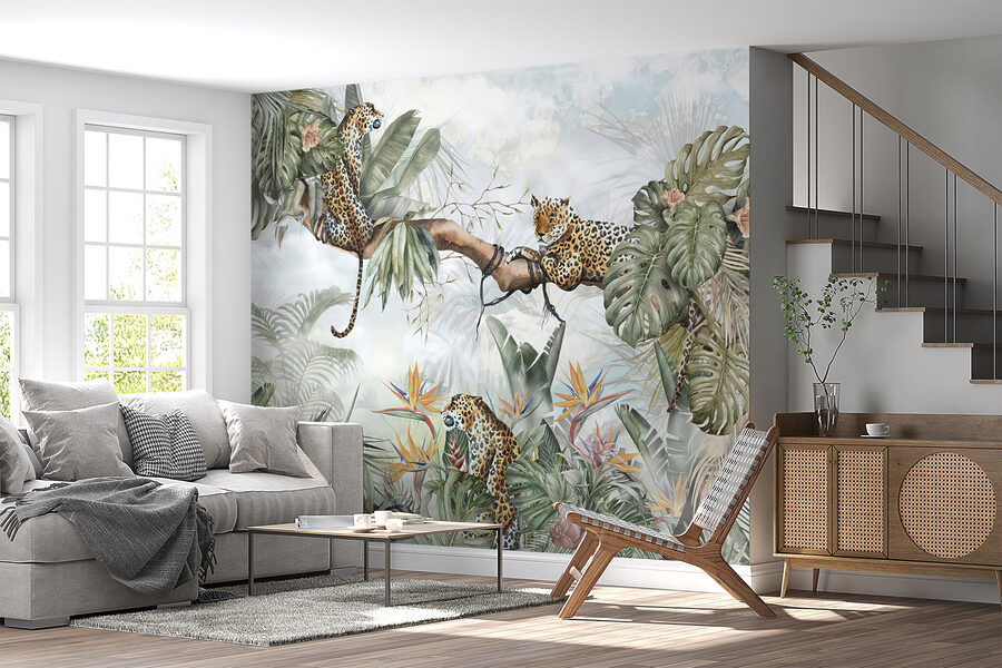 Schilderij van een groep cheeta's op een boomtak