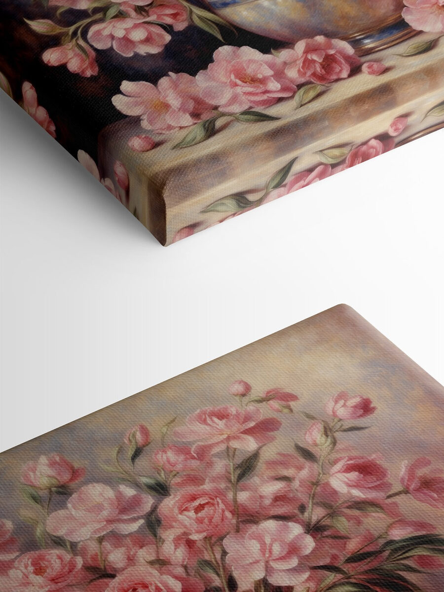 Een schilderij van roze bloemen in een vaas