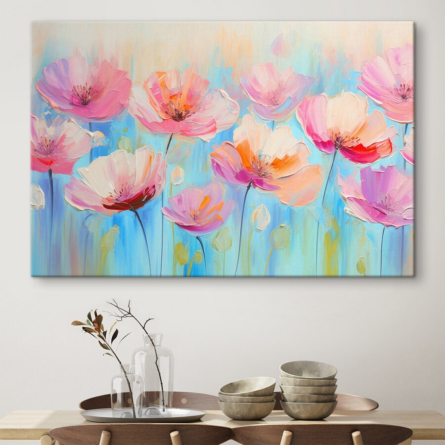 Een schilderij van roze bloemen