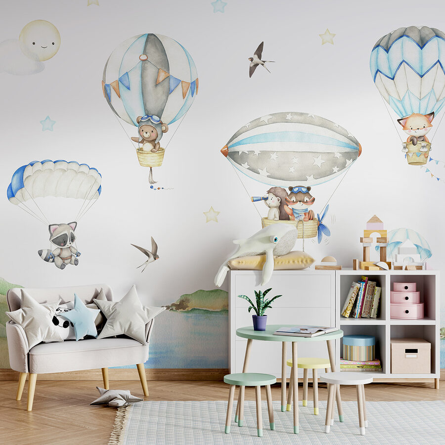 Groep dieren in heteluchtballonnen