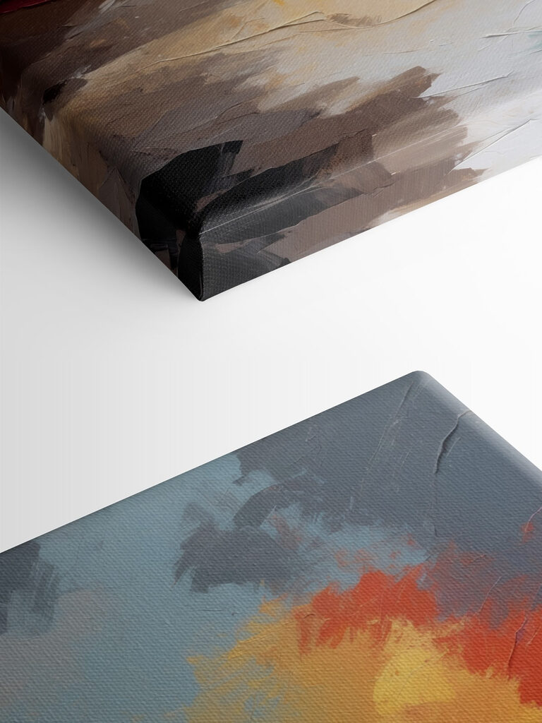 A painting of a beach with palm trees and a sunset