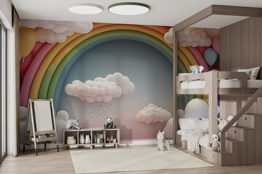 Regenboog en wolken in een kamer