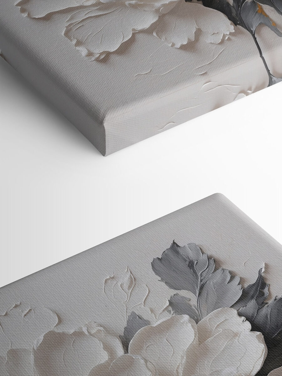 Canvas Schilderijen Een witte bloem met zwarte en grijze bladeren - Afbeelding 4
