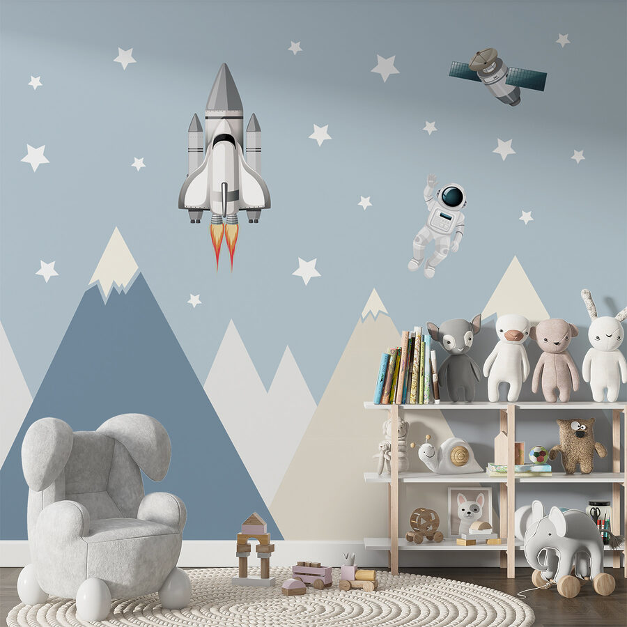 Space shuttle en astronaut in de lucht