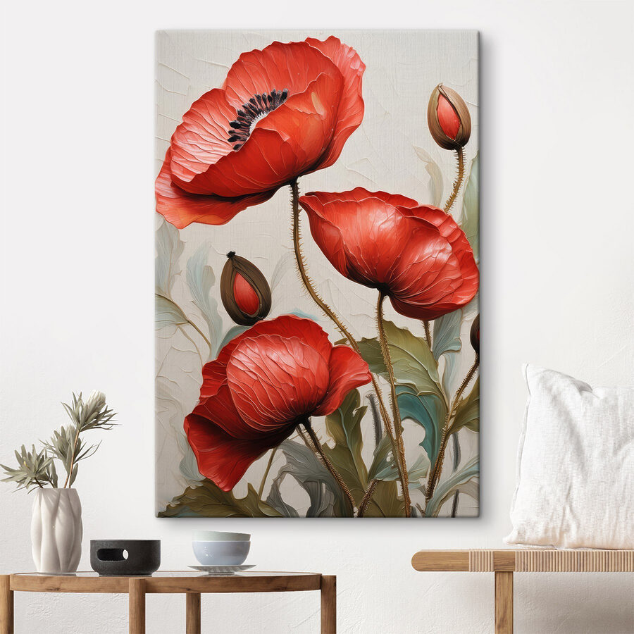 Een schilderij van rode bloemen