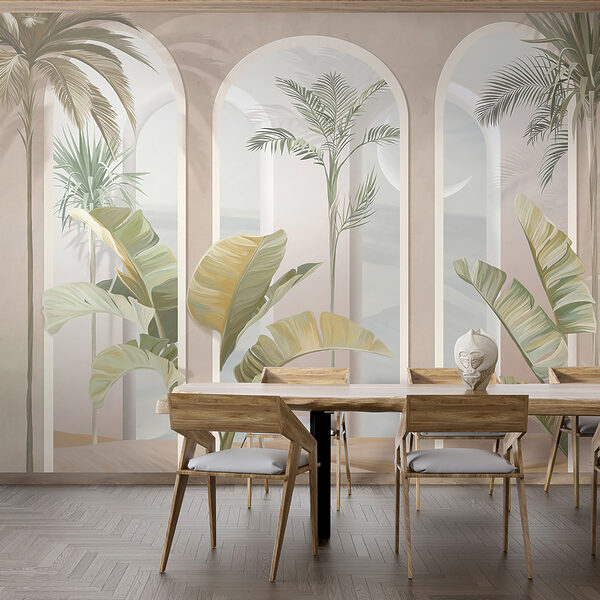 Muurschildering van een kamer met palmbomen Muurschildering van een kamer met palmbomen