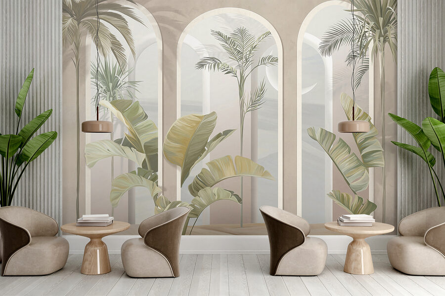 Muurschildering van een kamer met palmbomen