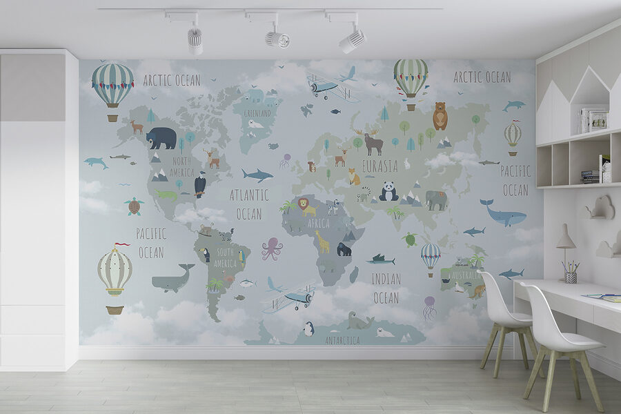 Wereldkaart met dieren en vogels
