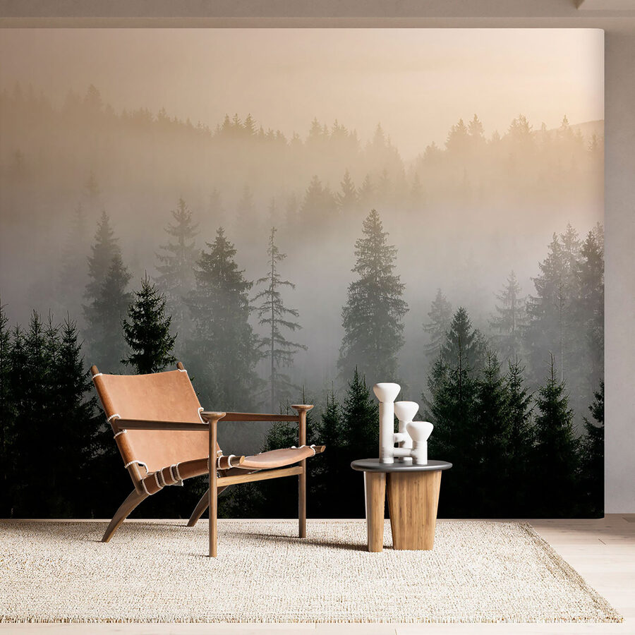 Fotobehang Mistig bos met bomen - Afbeelding 4