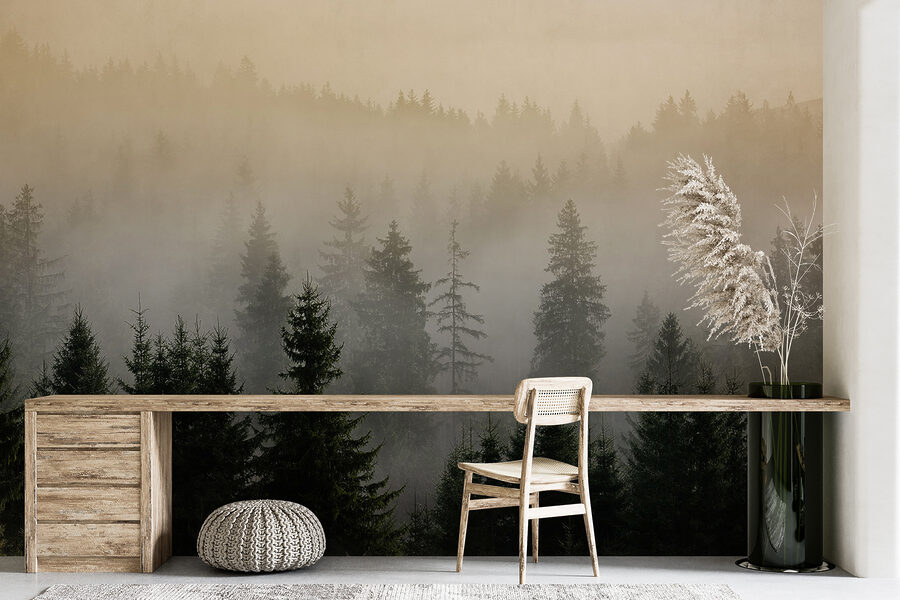 Fotobehang Mistig bos met bomen - Afbeelding 5