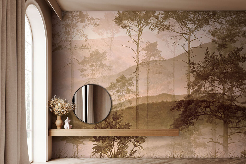 Foggy landscape with trees and hills