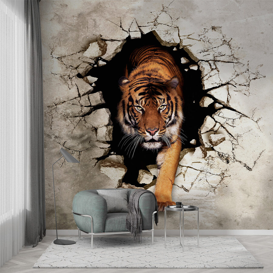 Tijger komt uit een gat in een muur
