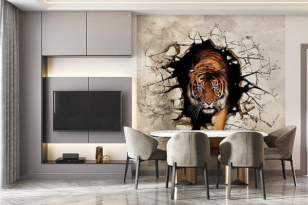 Tijger komt uit een gat in een muur Tijger komt uit een gat in een muur