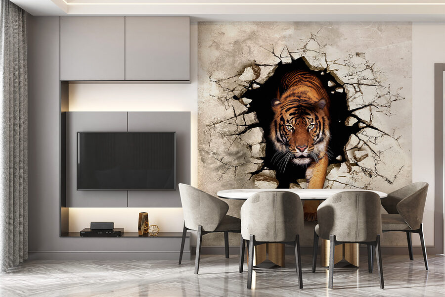 Tijger komt uit een gat in een muur