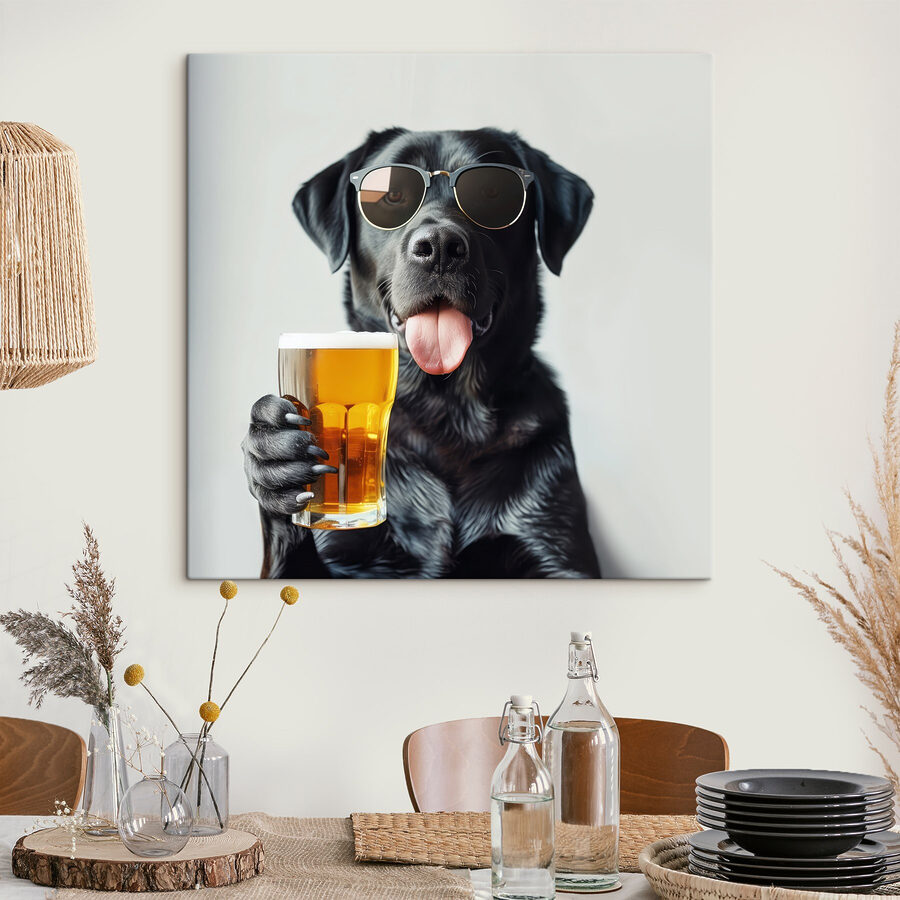 Hond met zonnebril en glas bier in de hand
