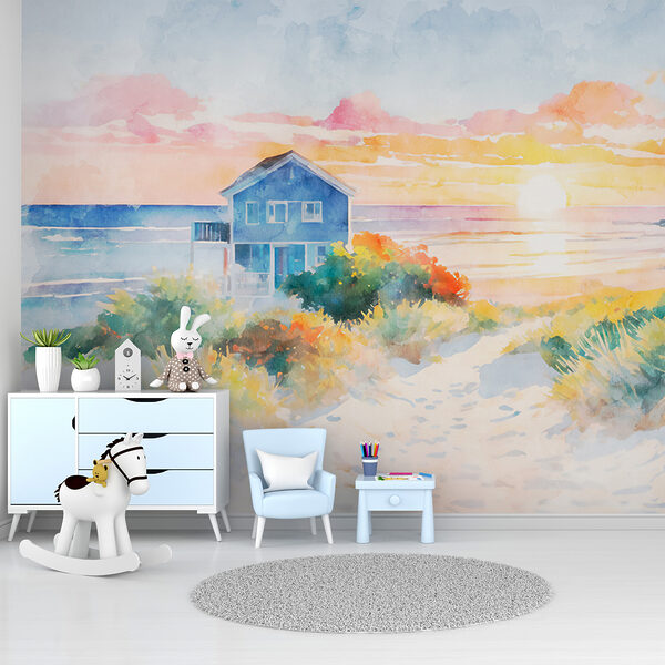 Aquarel van een huis en een strand Aquarel van een huis en een strand