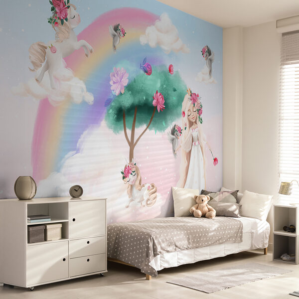 Cartoon van een meisje met bloemen in haar haar en een regenboog Cartoon van een meisje met bloemen in haar haar en een regenboog