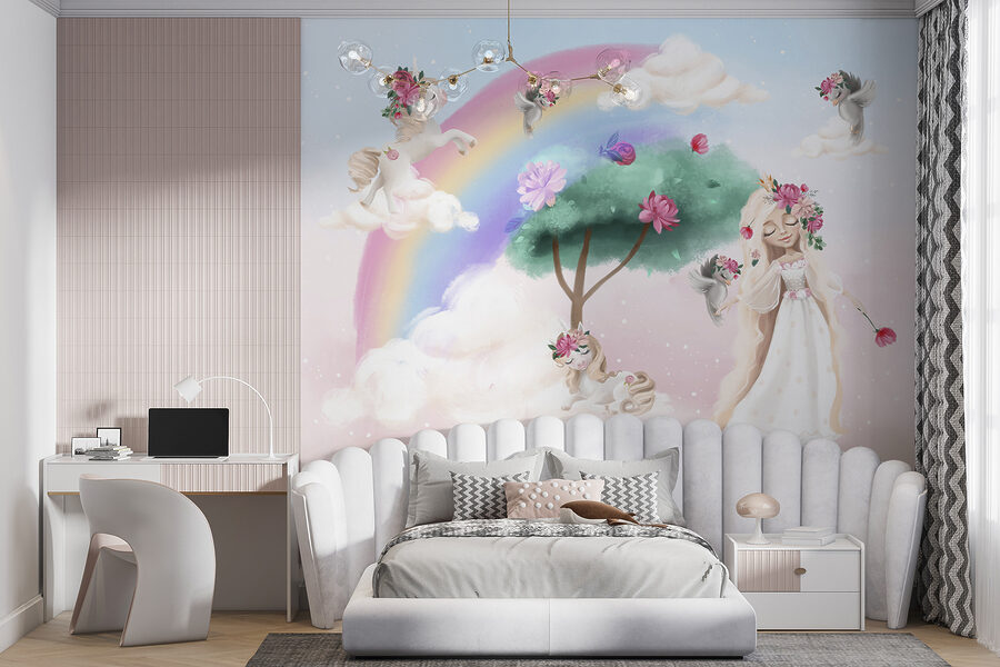 Cartoon van een meisje met bloemen in haar haar en een regenboog