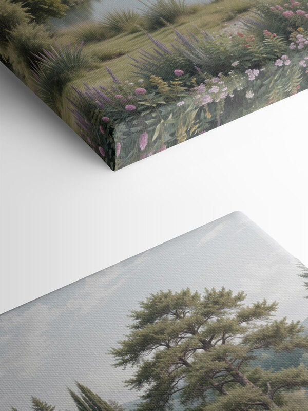 Meer met bomen en gras en bloemen Meer met bomen en gras en bloemen